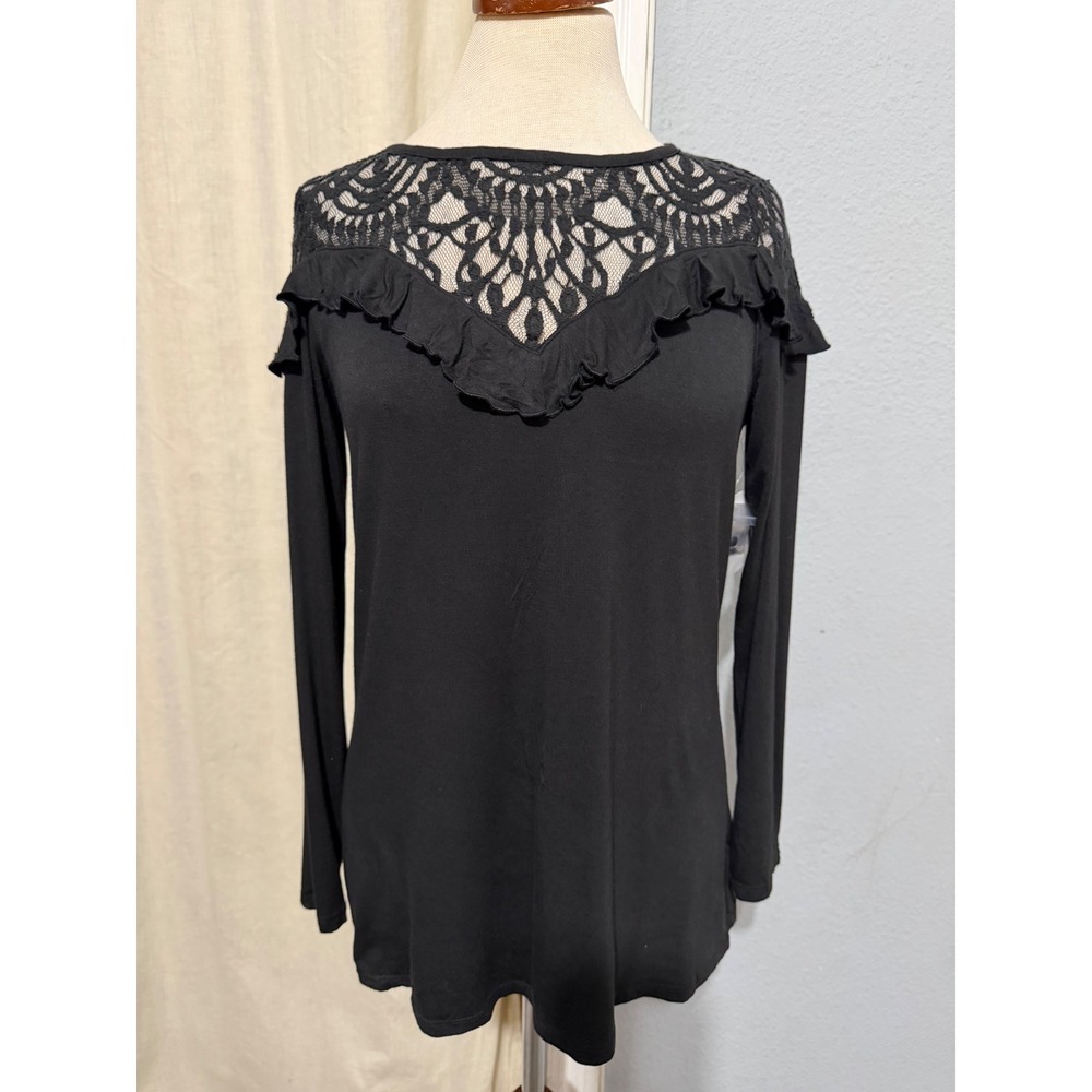Victorian Whimsigoth Womens Top M Black Lace Ruffle Long Sleeve Romantic Gothic